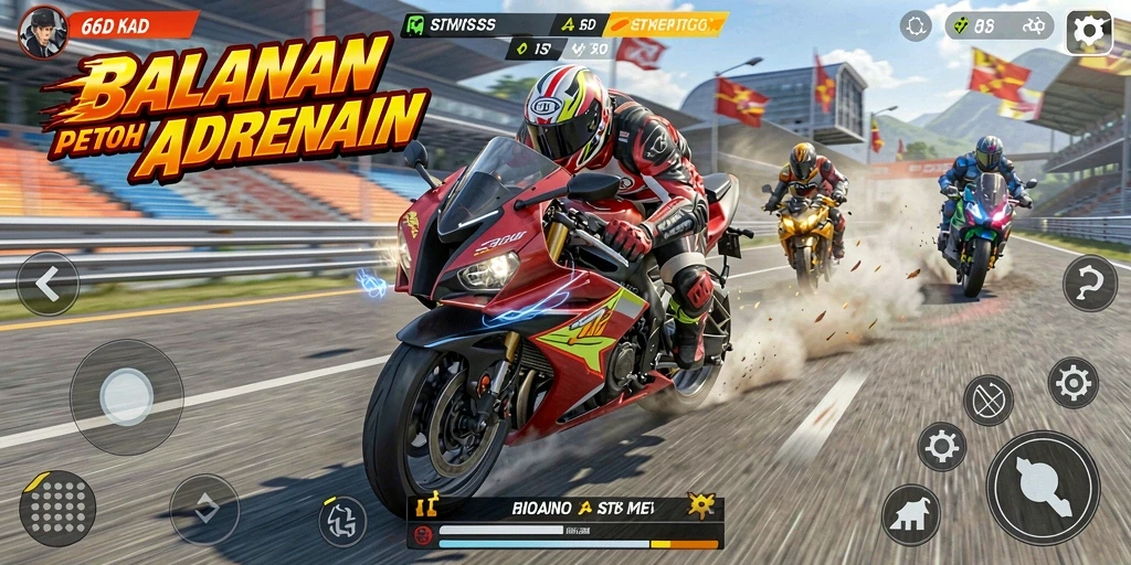 Tangkapan layar gameplay balapan motor yang menegangkan.