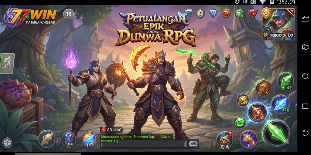 Screenshot gameplay RPG menampilkan pertarungan epik dan penjelajahan dunia.