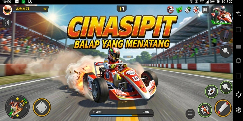 Tampilan gameplay menegangkan dari CINASIPIT dengan mobil balap yang beraksi.