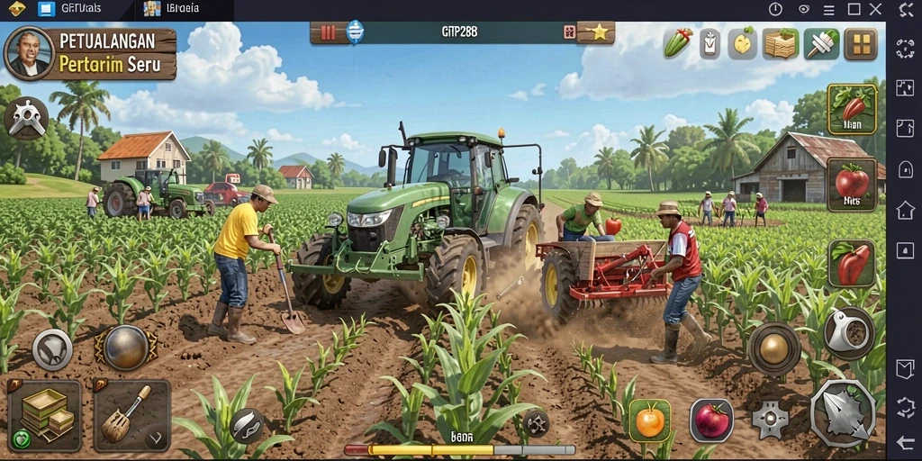 Tangkapan layar gameplay menunjukkan ladang subur dalam GIFTRP288.