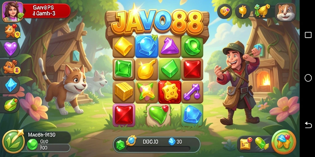 Tampilan gameplay <strong>JAVO88</strong> dengan tantangan mencocokkan item yang ceria.