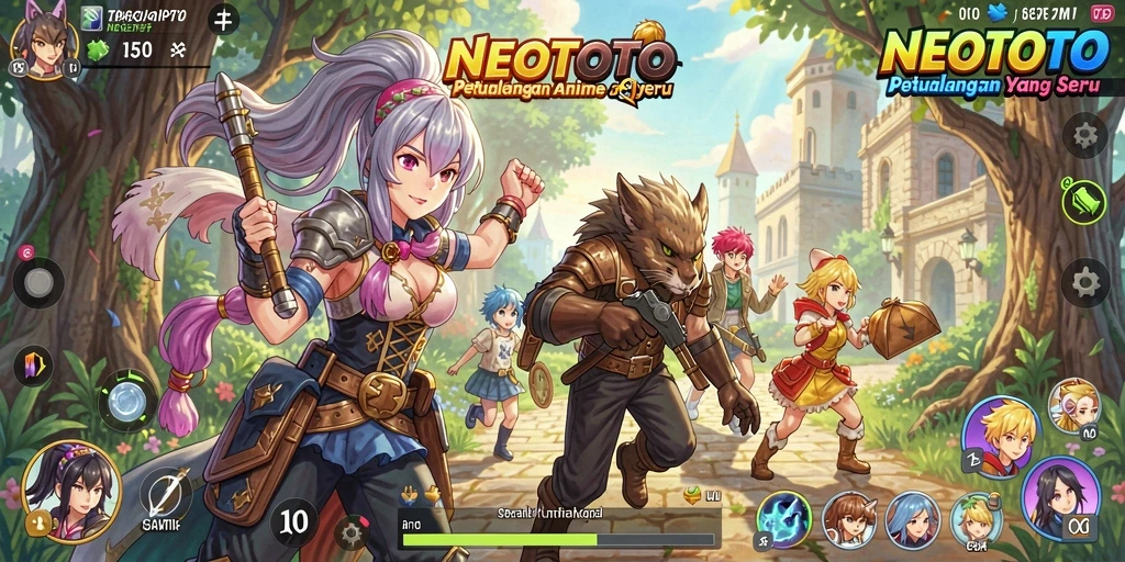 Screenshot gameplay NEOTOTO dengan karakter anime yang dinamis.