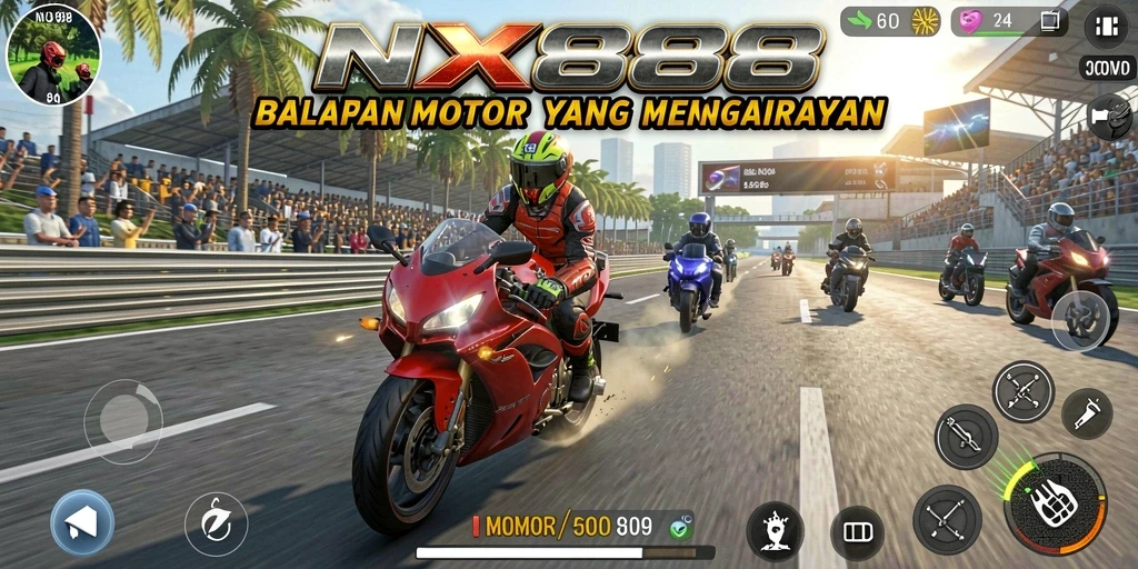 Screenshot gameplay NX888 menampilkan balapan motor yang mendebarkan dan pemandangan yang indah.
