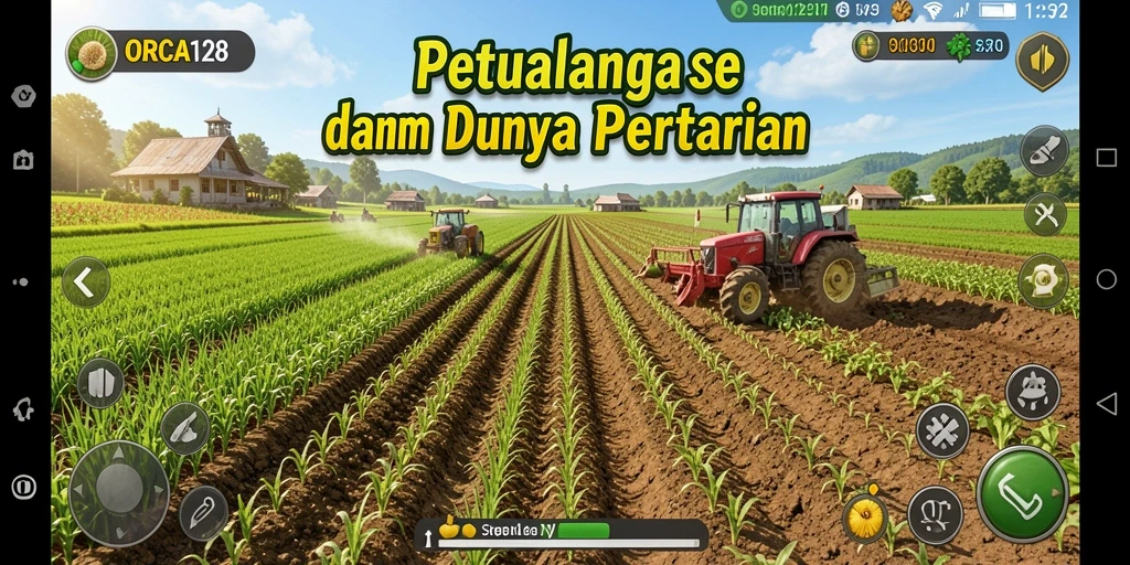 Tampilan gameplay ORCA128 dengan pertanian yang subur dan beragam tanaman.