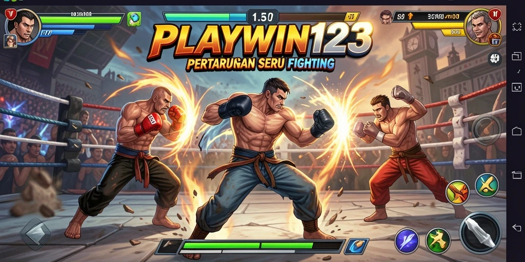 Screenshot utama PLAYWIN123 menampilkan aksi pertarungan yang intens dan karakter yang dinamis.