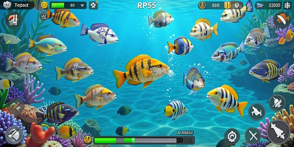 Screenshot gameplay RP55 menunjukkan aksi menembak ikan yang seru.
