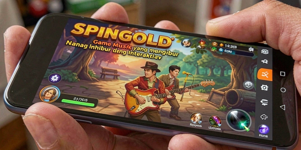 Tampilan gameplay SPINGOLD dengan lagu-lagu yang menarik dan tantangan seru.